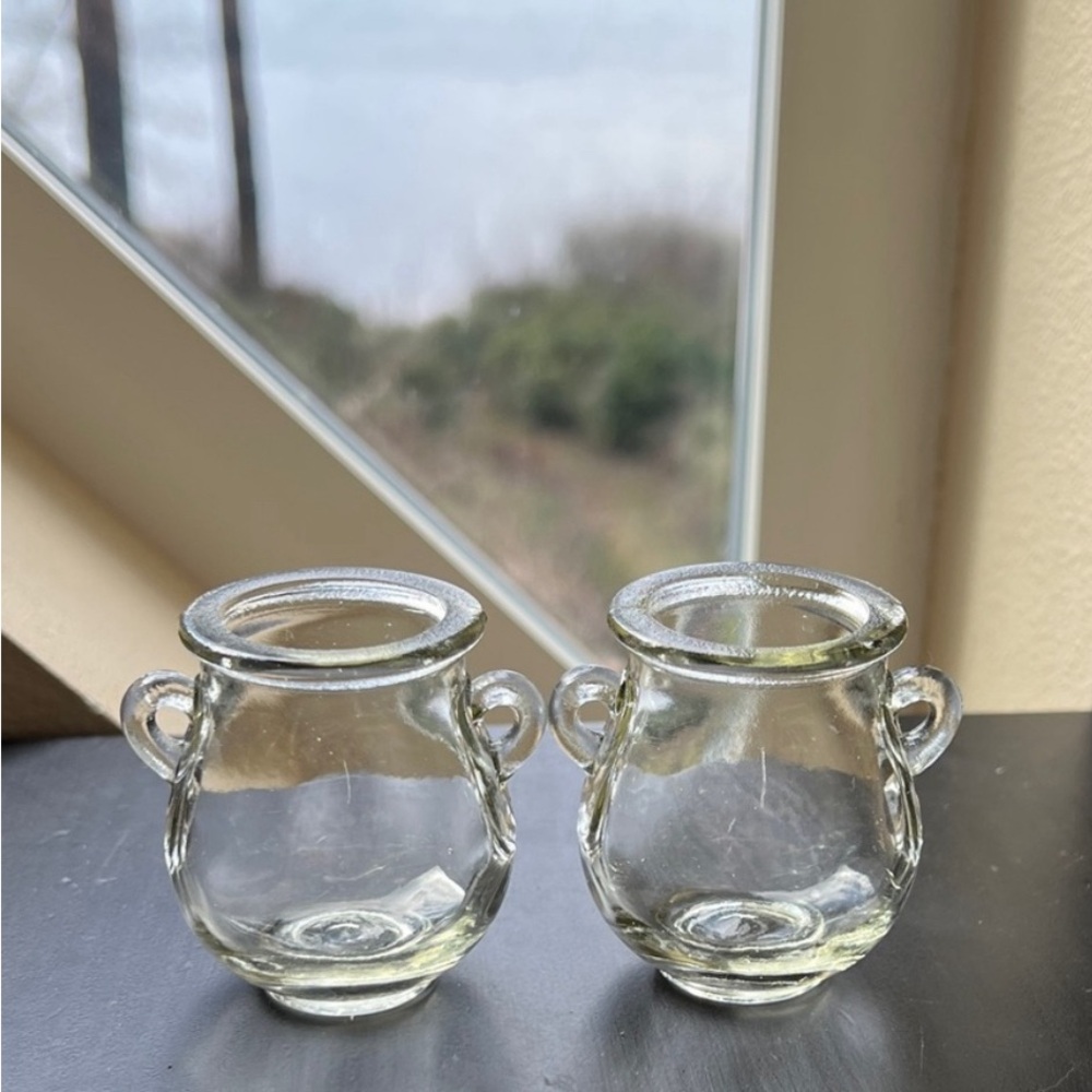 Vintage Pressed Clear Glass Pair of Mini Single Serving Double Handle Vessels 2”
